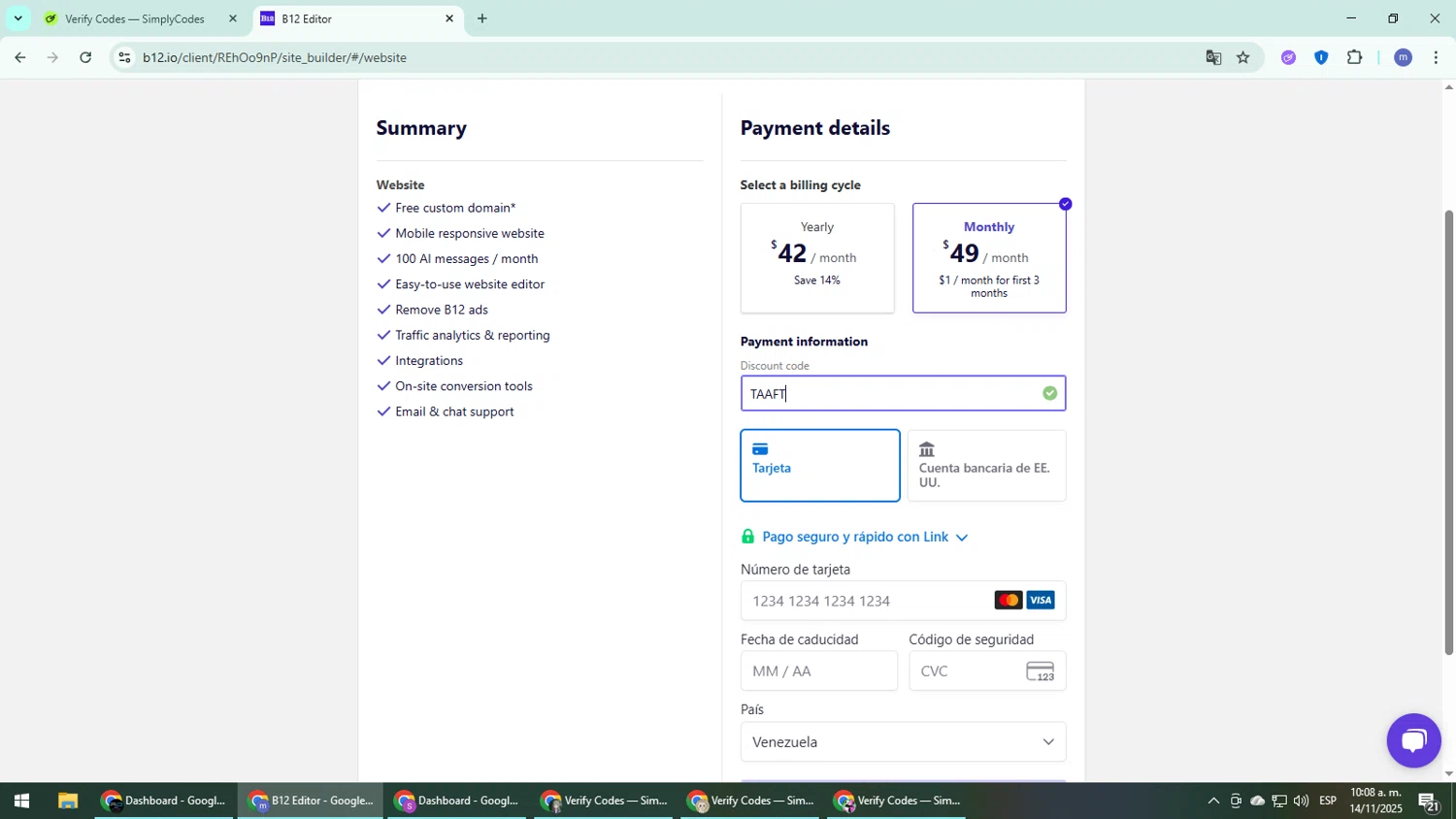B12 promo code screenshot showing code TAAFT applied at B12 checkout page. Uploaded by SimplyCodes community member QuestDefender2661 on Nov 14, 2025