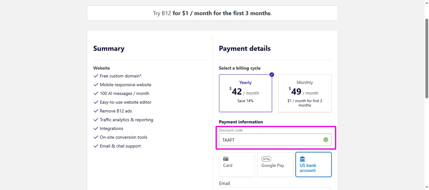 B12 promo code screenshot showing code TAAFT applied at B12 checkout page. Uploaded by SimplyCodes community member mrdarcy on Oct 17, 2025
