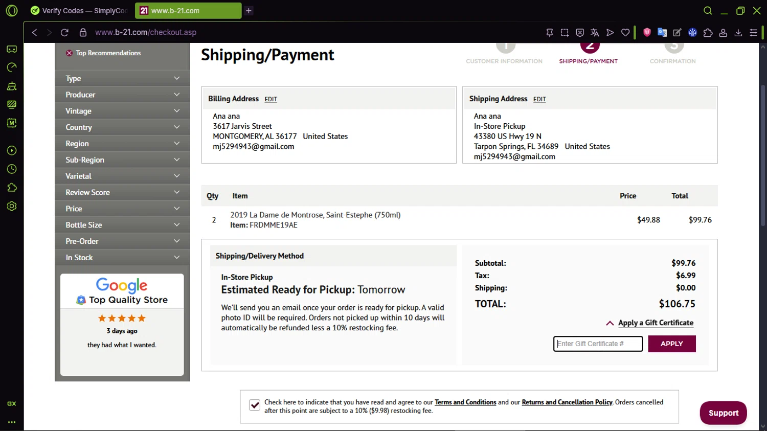 B-21 Liquors promo code screenshot showing code ESAVE applied at B-21 Liquors checkout page. Uploaded by SimplyCodes community member CleverMaven2889 on Jan 18, 2026