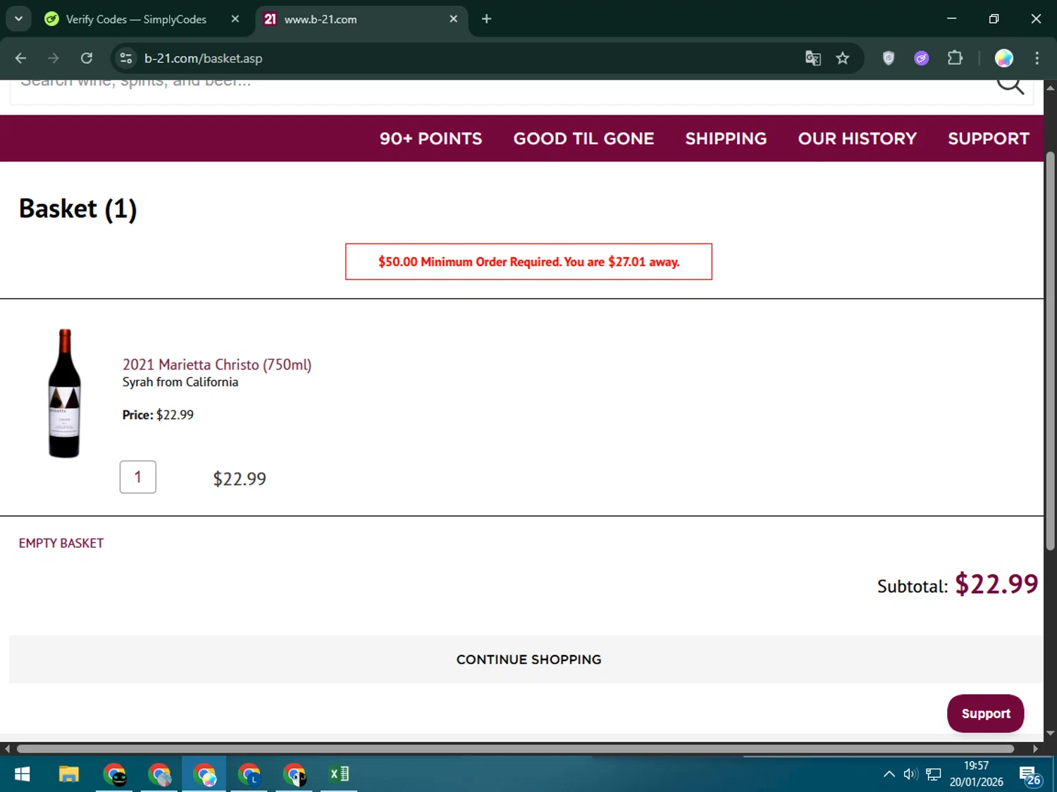 B-21 Liquors promo code screenshot showing code ESAVE applied at B-21 Liquors checkout page. Uploaded by SimplyCodes community member Estrellitacoairis on Jan 20, 2026