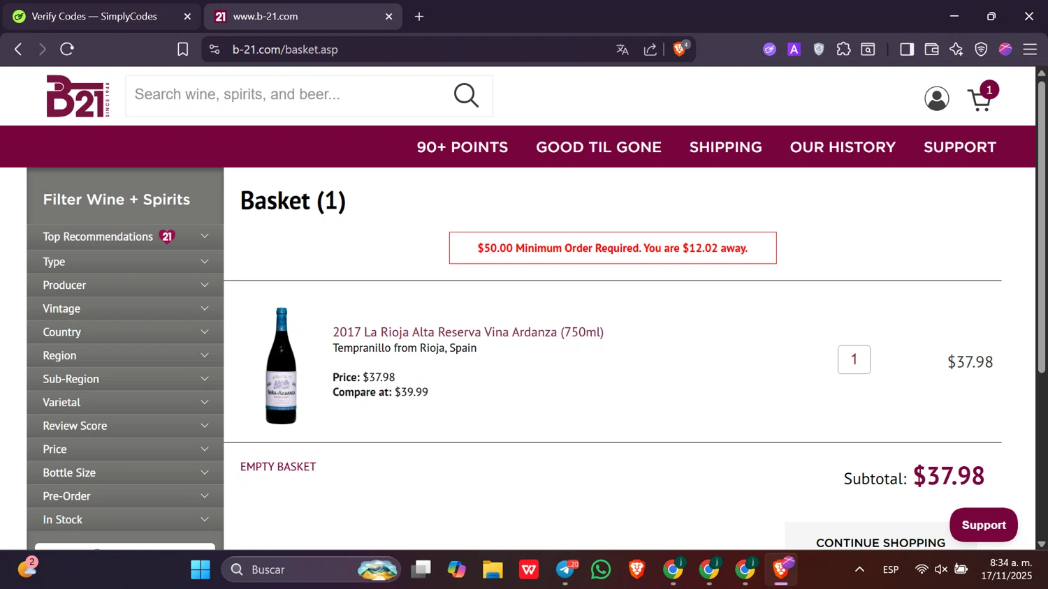 B-21 Liquors checkout page showing B-21 Liquors promo code box | Screenshot taken by SimplyCodes community member on Nov 17, 2025
