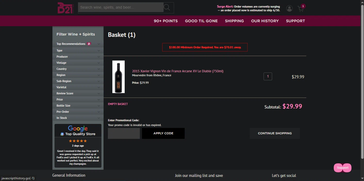 B-21 Liquors promo code screenshot showing code 12-on-21 applied at B-21 Liquors checkout page. Uploaded by SimplyCodes community member _Capi_ on Jun 22, 2025