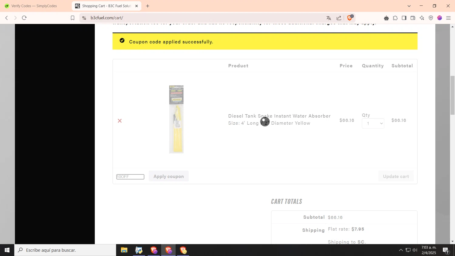 B3C Fuel checkout page showing B3C Fuel promo code box | Screenshot taken by SimplyCodes community member on Apr 2, 2025