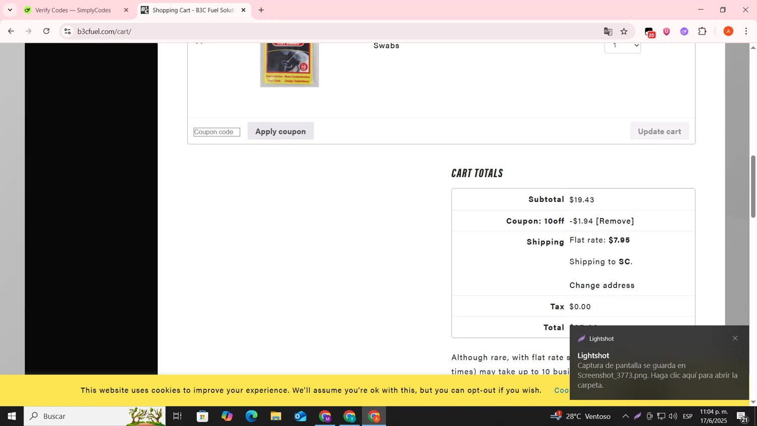 B3C Fuel checkout page showing B3C Fuel promo code box | Screenshot taken by SimplyCodes community member on Jun 18, 2025
