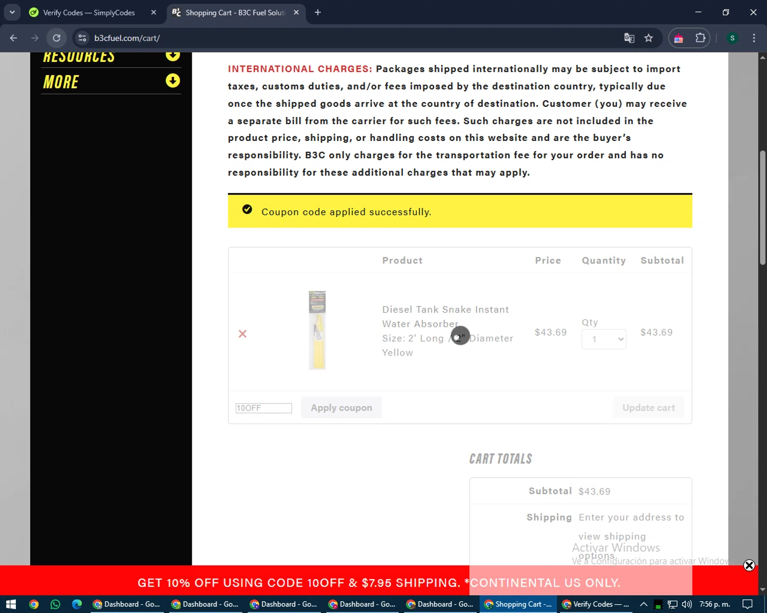 B3C Fuel checkout page showing B3C Fuel promo code box | Screenshot taken by SimplyCodes community member on Apr 29, 2025