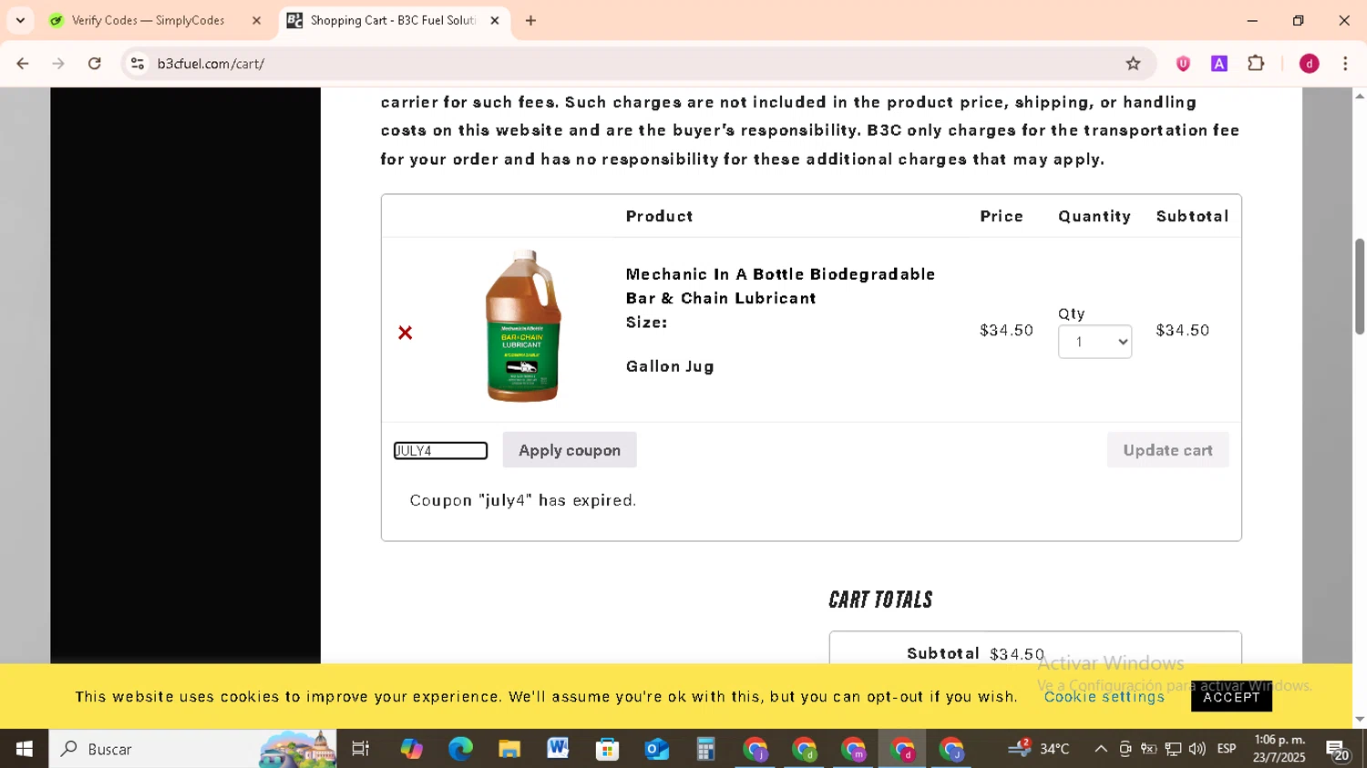 B3C Fuel promo code screenshot showing code JULY4 applied at B3C Fuel checkout page. Uploaded by SimplyCodes community member FrugalMonarch7277 on Jul 23, 2025