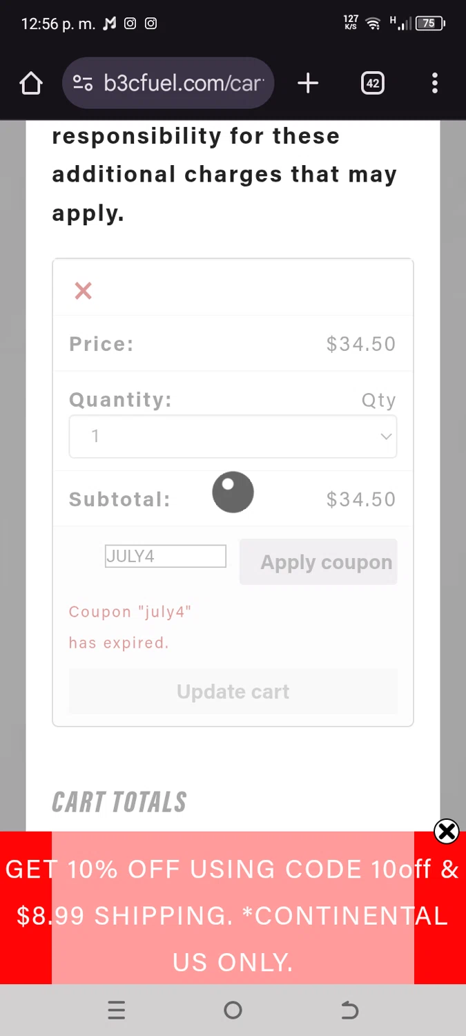 B3C Fuel promo code screenshot showing code JULY4 applied at B3C Fuel checkout page. Uploaded by SimplyCodes community member PromoMaven605 on Jul 23, 2025