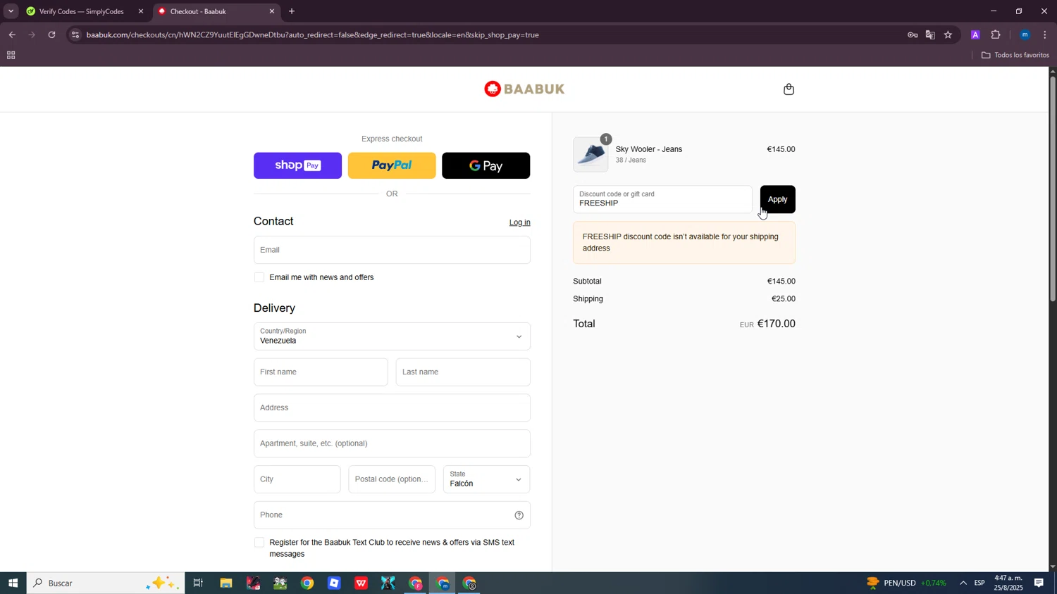 Baabuk promo code screenshot showing code FREESHIP applied at Baabuk checkout page. Uploaded by SimplyCodes community member SmartWizard8062 on Aug 25, 2025