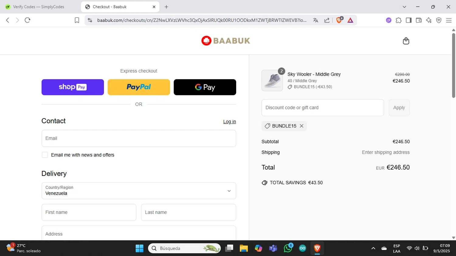 Baabuk promo code screenshot showing code BUNDLE15 applied at Baabuk checkout page. Uploaded by SimplyCodes community member Juanchoo on May 9, 2025