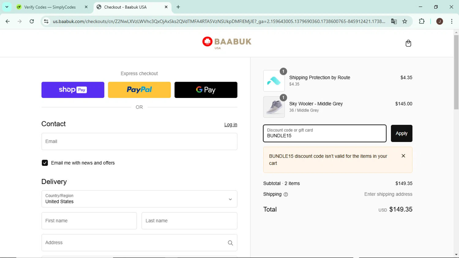 Baabuk promo code screenshot showing code BUNDLE15 applied at Baabuk checkout page. Uploaded by SimplyCodes community member LegendaryAce8627 on Feb 3, 2025