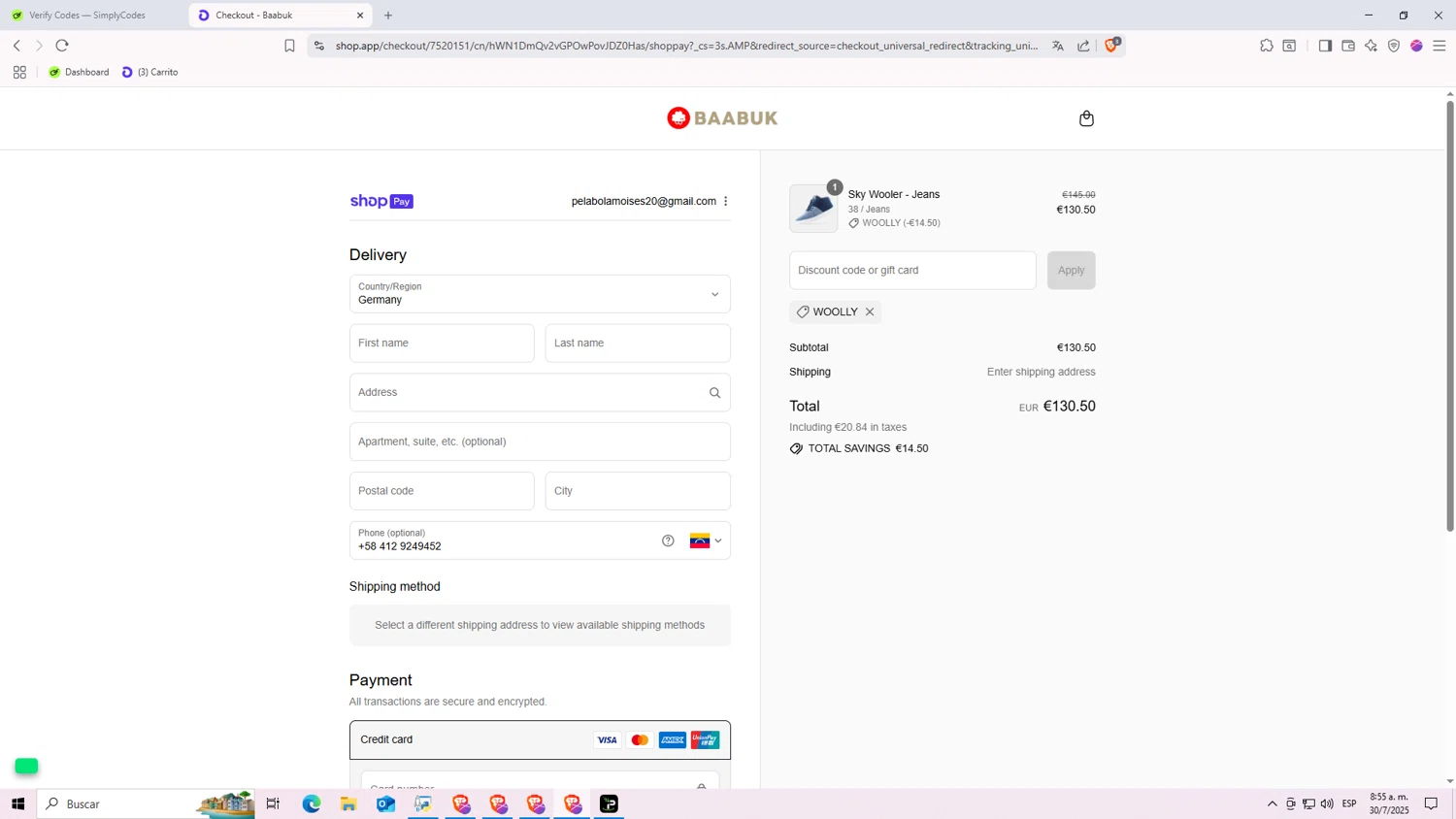 Baabuk promo code screenshot showing code WOOLLY applied at Baabuk checkout page. Uploaded by SimplyCodes community member NARUTO_UZUMAKIsx on Jul 30, 2025