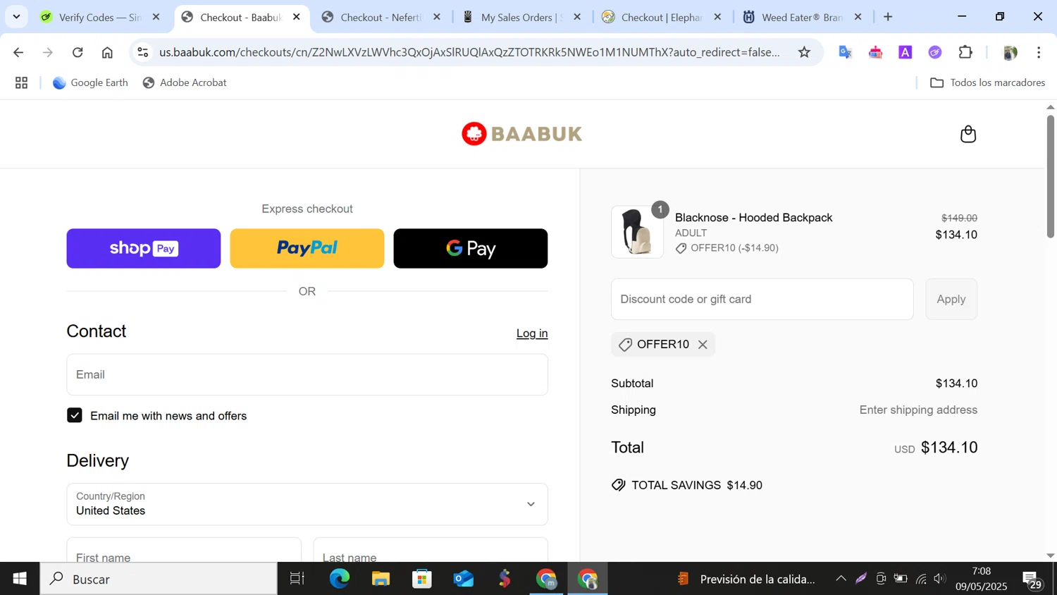Baabuk promo code screenshot showing code OFFER10 applied at Baabuk checkout page. Uploaded by SimplyCodes community member NobleMonarch5837 on May 9, 2025