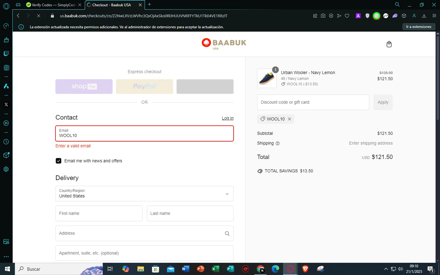 Baabuk promo code screenshot showing code WOOL10 applied at Baabuk checkout page. Uploaded by SimplyCodes community member TheJyzu on Jan 21, 2025