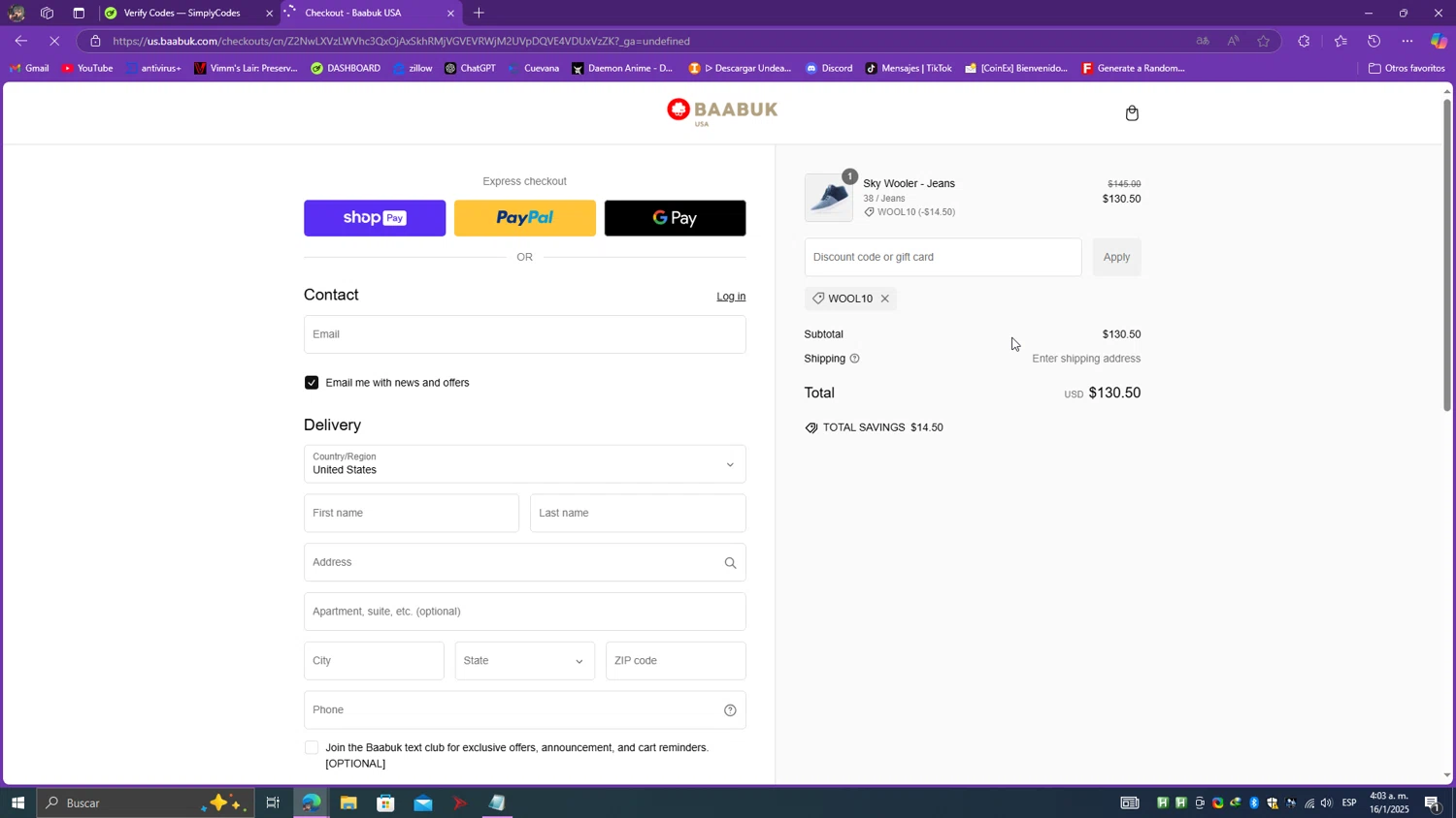 Baabuk promo code screenshot showing code WOOL10 applied at Baabuk checkout page. Uploaded by SimplyCodes community member SavvyScholar7013 on Jan 16, 2025