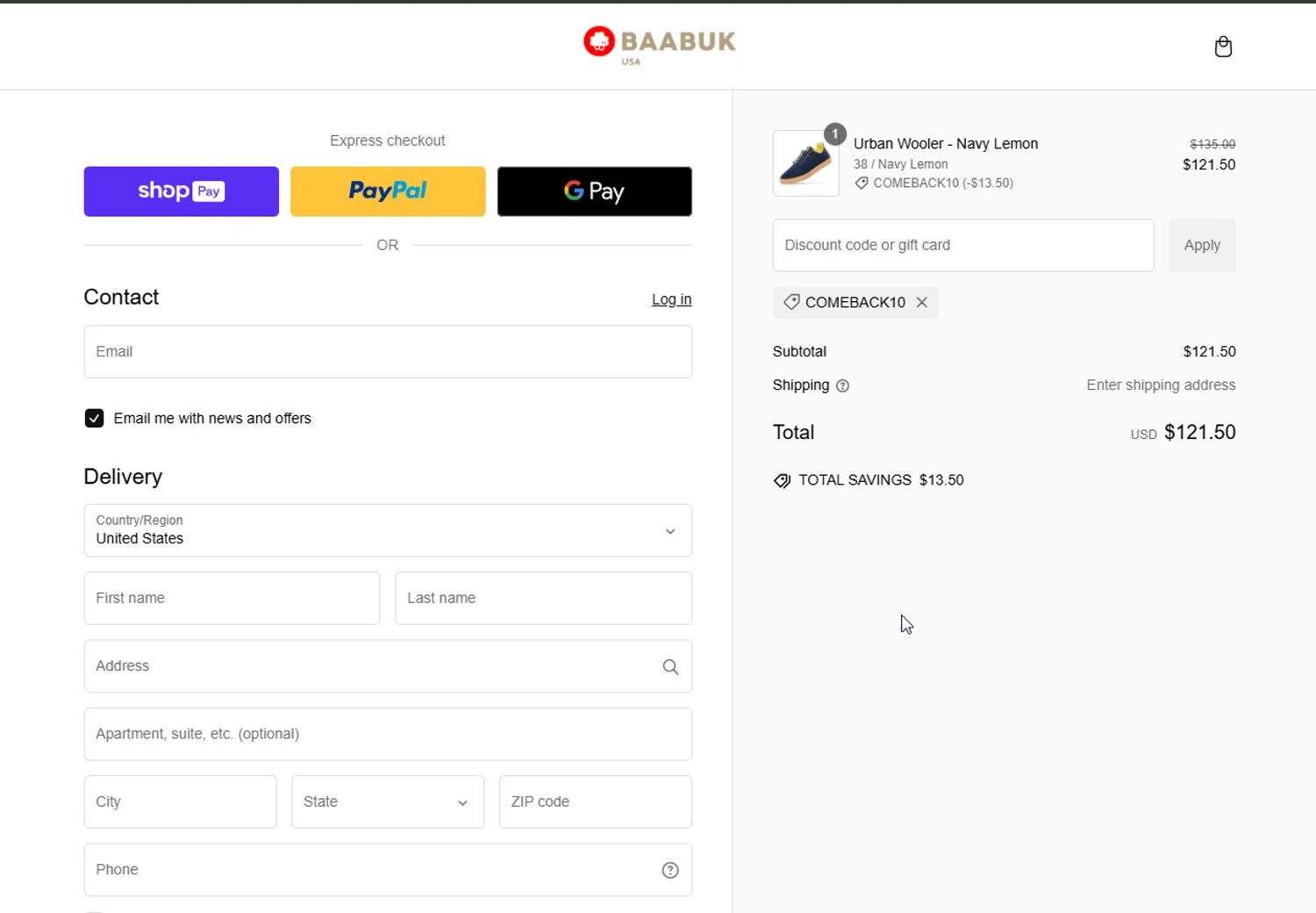Baabuk promo code screenshot showing code COMEBACK10 applied at Baabuk checkout page. Uploaded by SimplyCodes community member CapitanCentella on Jan 27, 2025