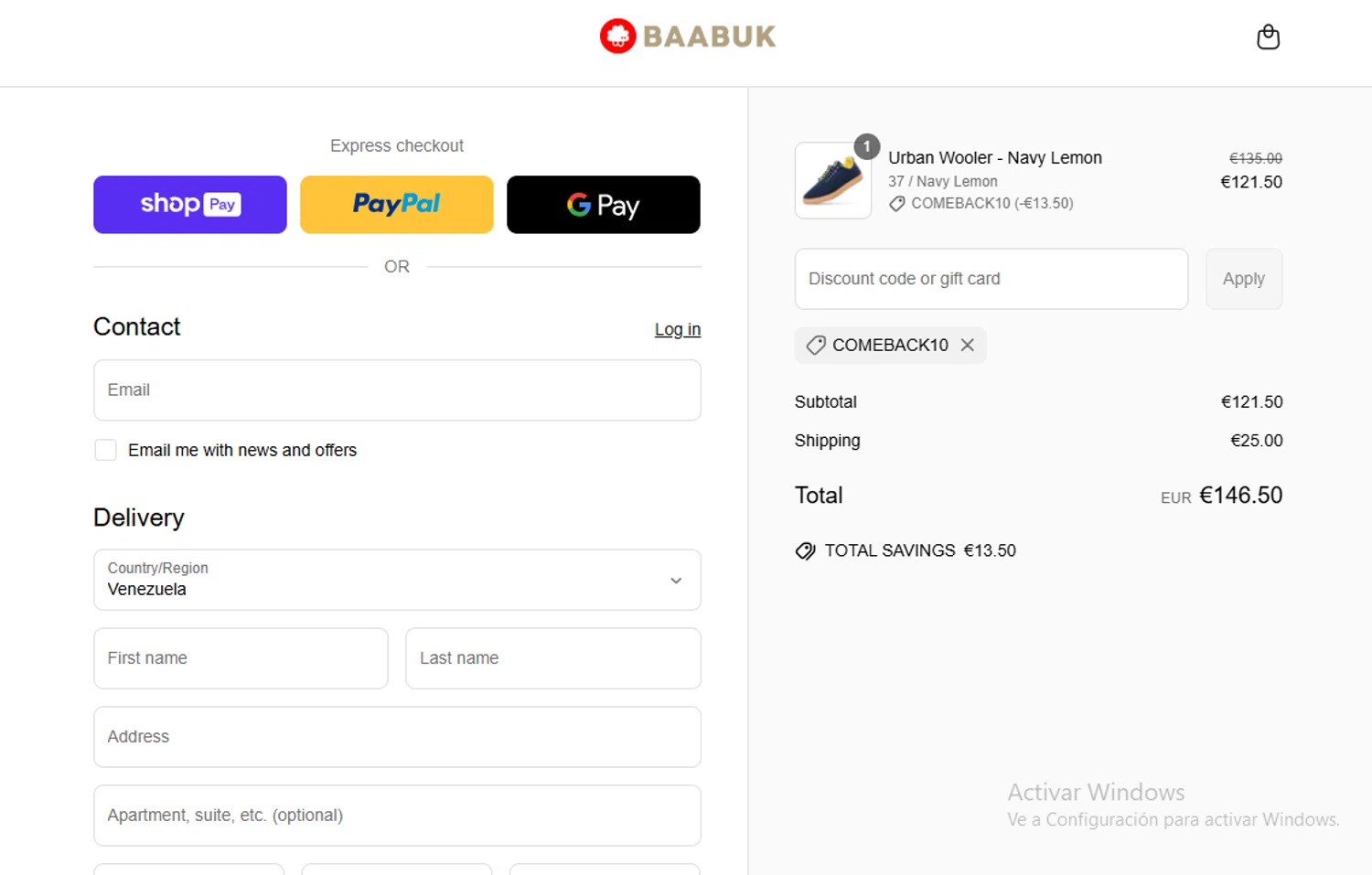 Baabuk promo code screenshot showing code COMEBACK10 applied at Baabuk checkout page. Uploaded by SimplyCodes community member Gary_23 on Jun 30, 2025
