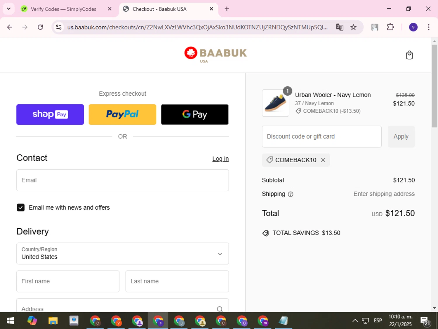 Baabuk promo code screenshot showing code COMEBACK10 applied at Baabuk checkout page. Uploaded by SimplyCodes community member QuestCurator1644 on Jan 22, 2025
