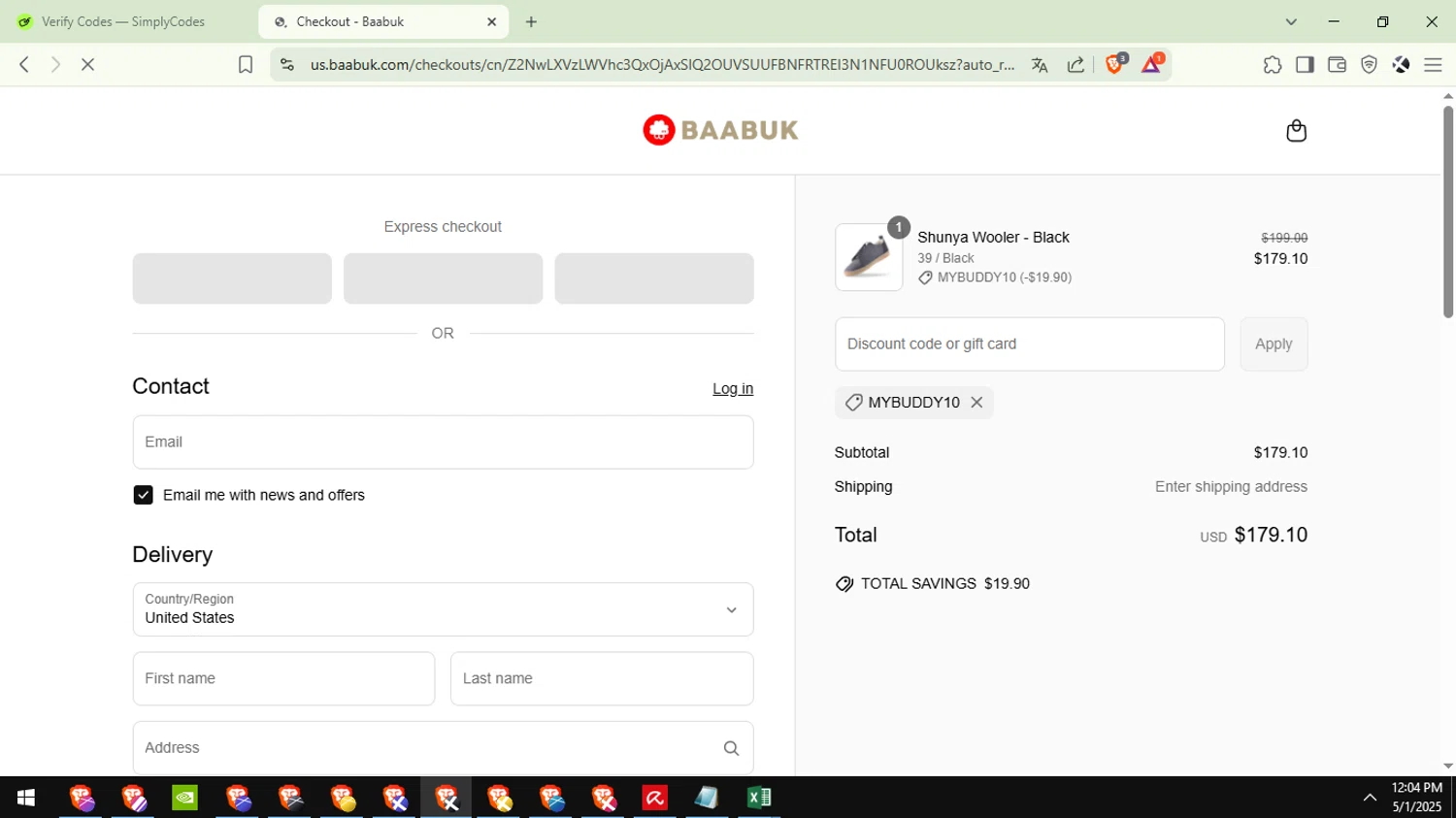 Baabuk promo code screenshot showing code MYBUDDY10 applied at Baabuk checkout page. Uploaded by SimplyCodes community member Aguaita_coco on May 1, 2025