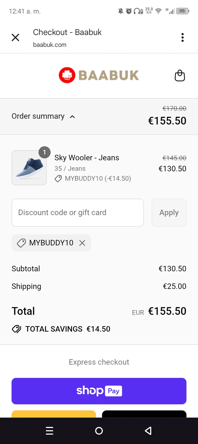 Baabuk promo code screenshot showing code MYBUDDY10 applied at Baabuk checkout page. Uploaded by SimplyCodes community member leiraM on Jul 22, 2025