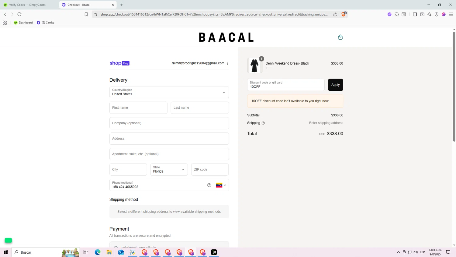 Baacal promo code screenshot showing code 10OFF applied at Baacal checkout page. Uploaded by SimplyCodes community member Raiiii18 on Aug 9, 2025