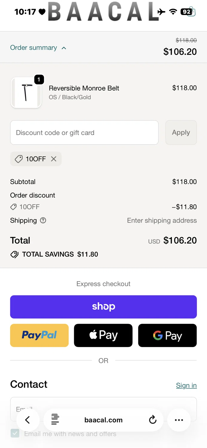 Baacal promo code screenshot showing code 10OFF applied at Baacal checkout page. Uploaded by SimplyCodes community member TraxoGamer on Oct 18, 2025