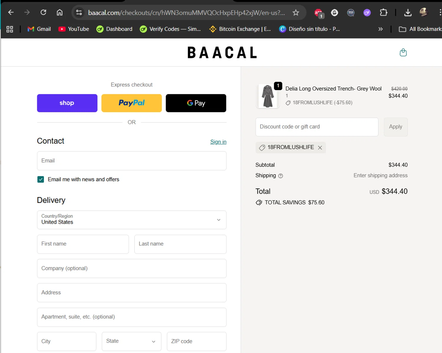 Baacal promo code screenshot showing code 18FROMLUSHLIFE applied at Baacal checkout page. Uploaded by SimplyCodes community member LiShang on Oct 6, 2025