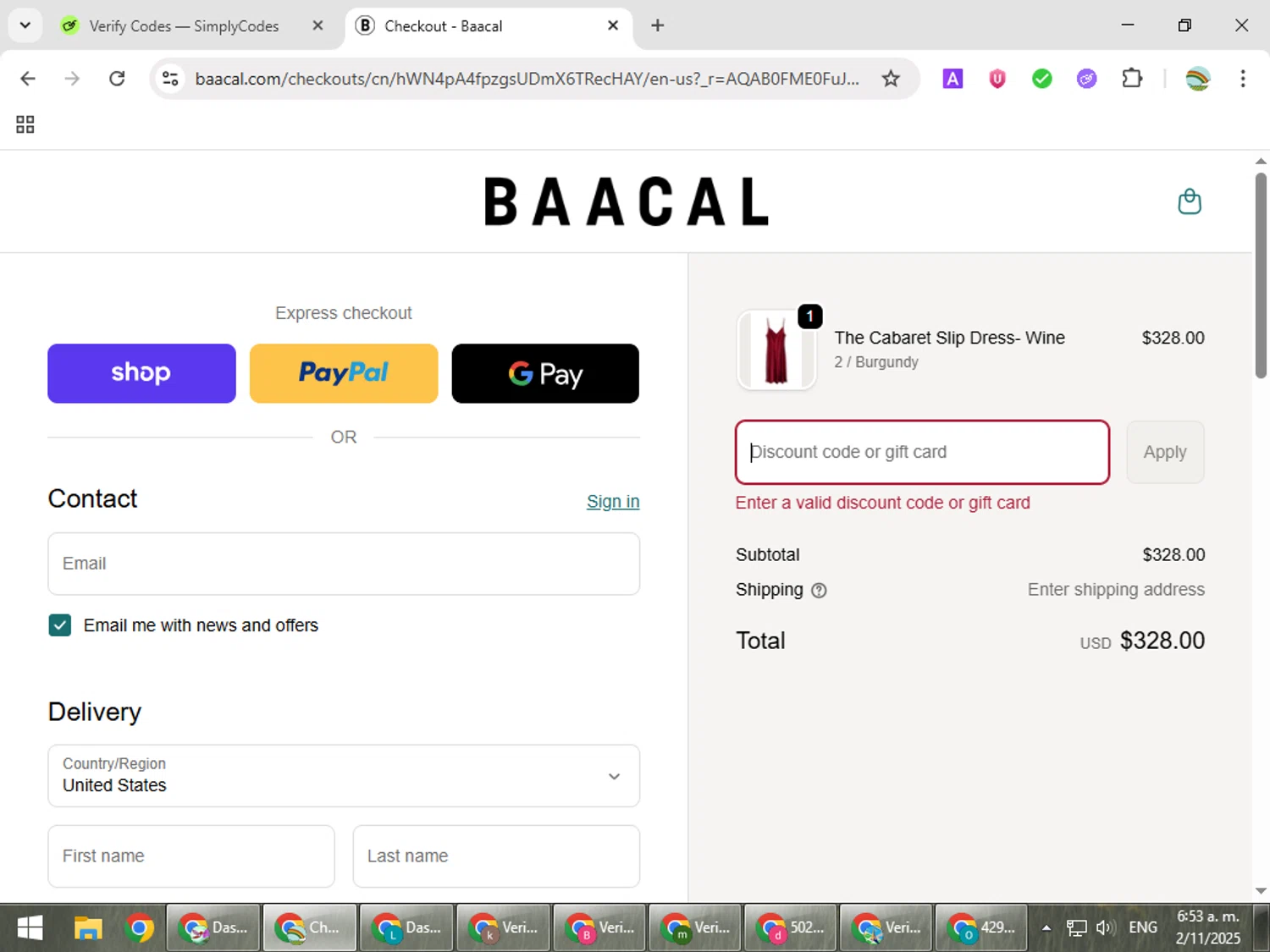 Baacal promo code screenshot showing code GLITTER20 applied at Baacal checkout page. Uploaded by SimplyCodes community member CoinMaven5220 on Nov 2, 2025