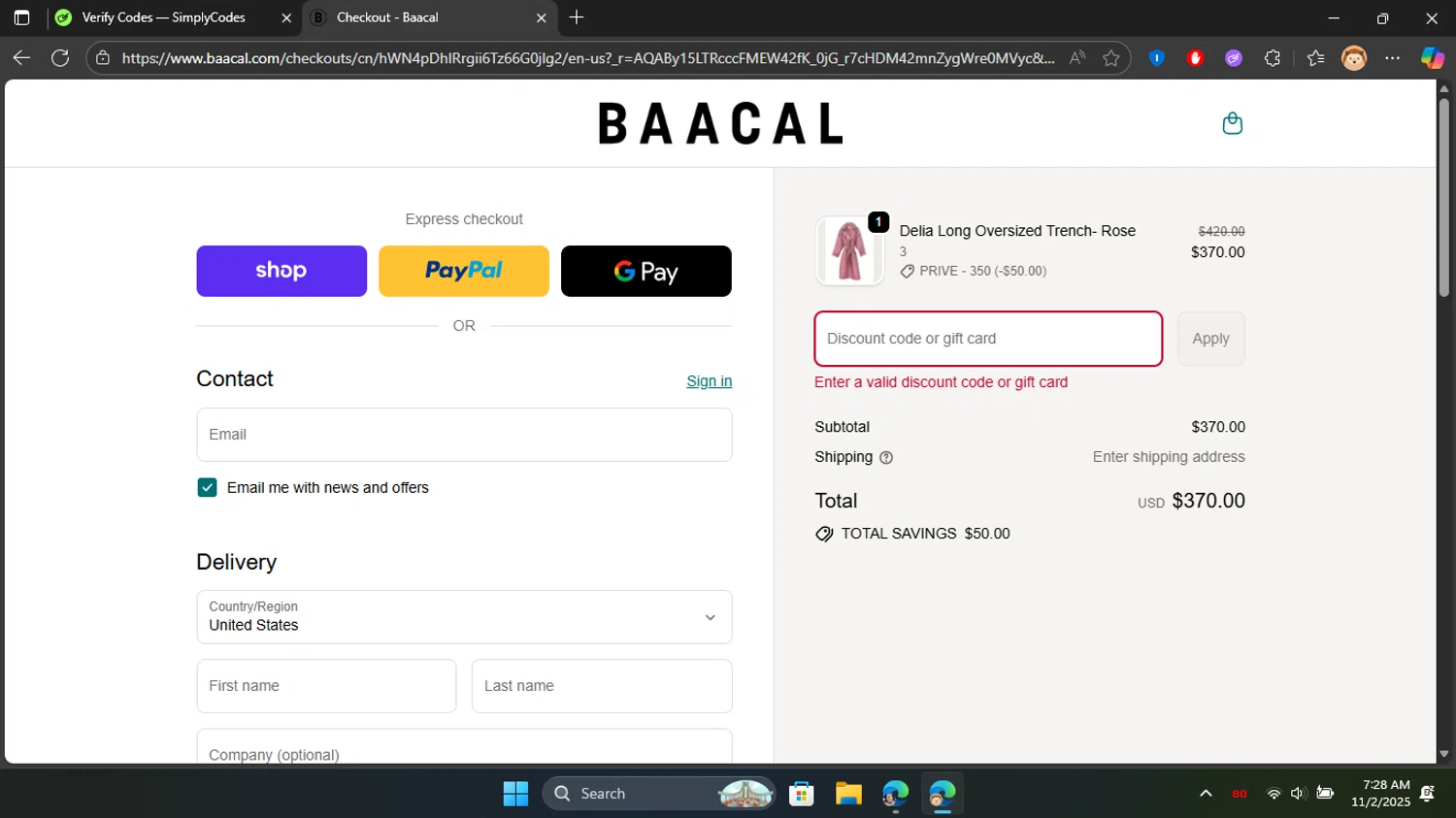 Baacal promo code screenshot showing code GLITTER20 applied at Baacal checkout page. Uploaded by SimplyCodes community member Don_Quixote on Nov 2, 2025