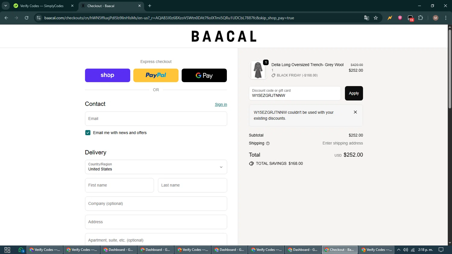 Baacal promo code screenshot showing code W15EZGRJTNNW applied at Baacal checkout page. Uploaded by SimplyCodes community member DiscountTitan4635 on Nov 24, 2025