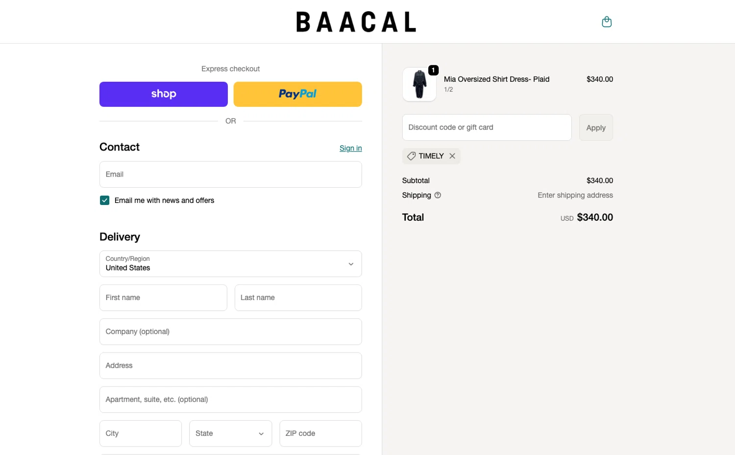 Baacal promo code screenshot showing code TIMELY applied at Baacal checkout page. Uploaded by SimplyCodes community member ELOIN777 on Dec 16, 2025