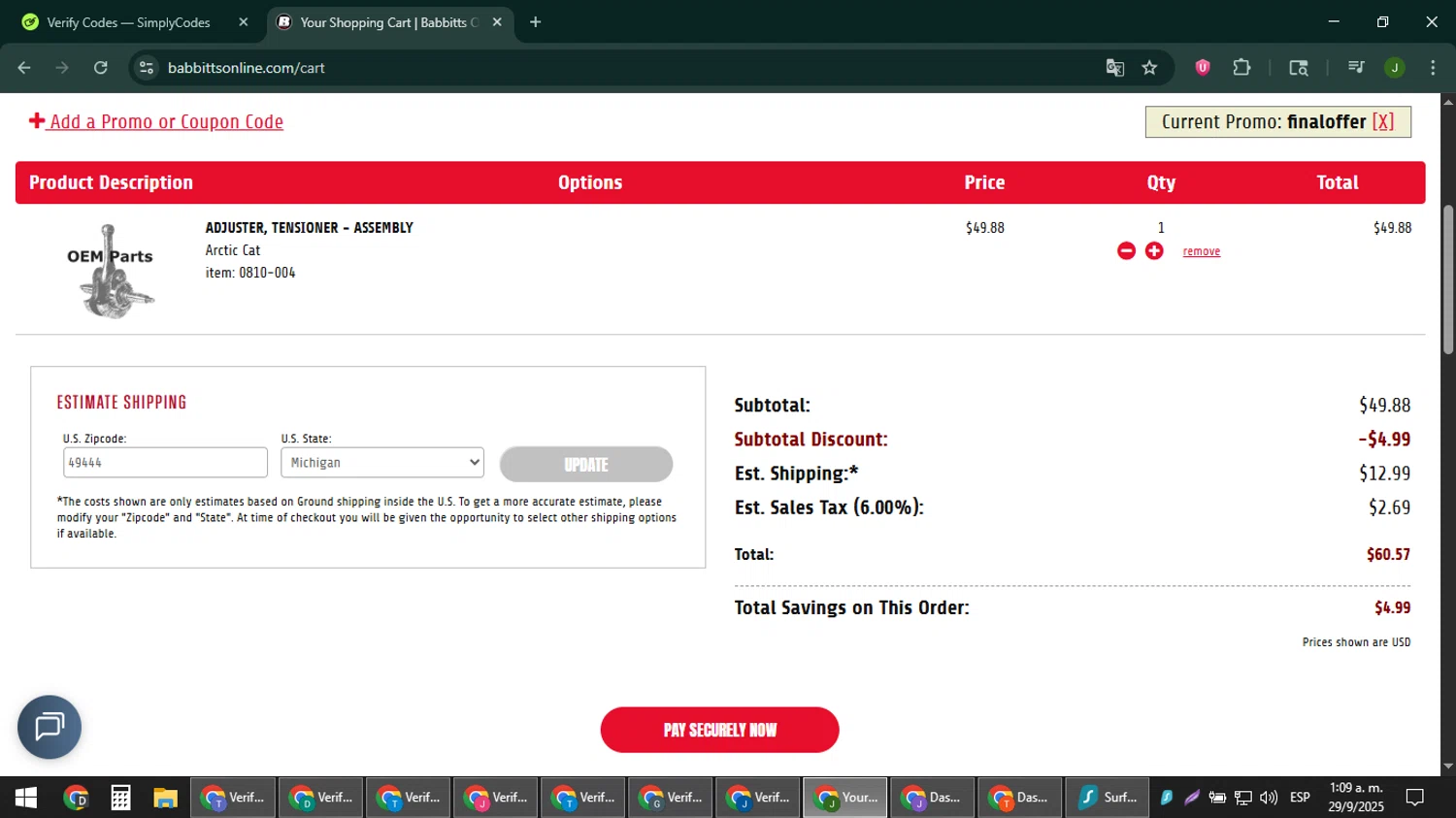 Babbitt's Online promo code screenshot showing code finaloffer applied at Babbitt's Online checkout page. Uploaded by SimplyCodes community member ShieldFinder369 on Sep 29, 2025