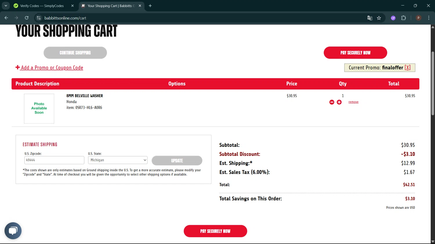 Babbitt's Online promo code screenshot showing code finaloffer applied at Babbitt's Online checkout page. Uploaded by SimplyCodes community member ShrewdPro2243 on Jul 18, 2025
