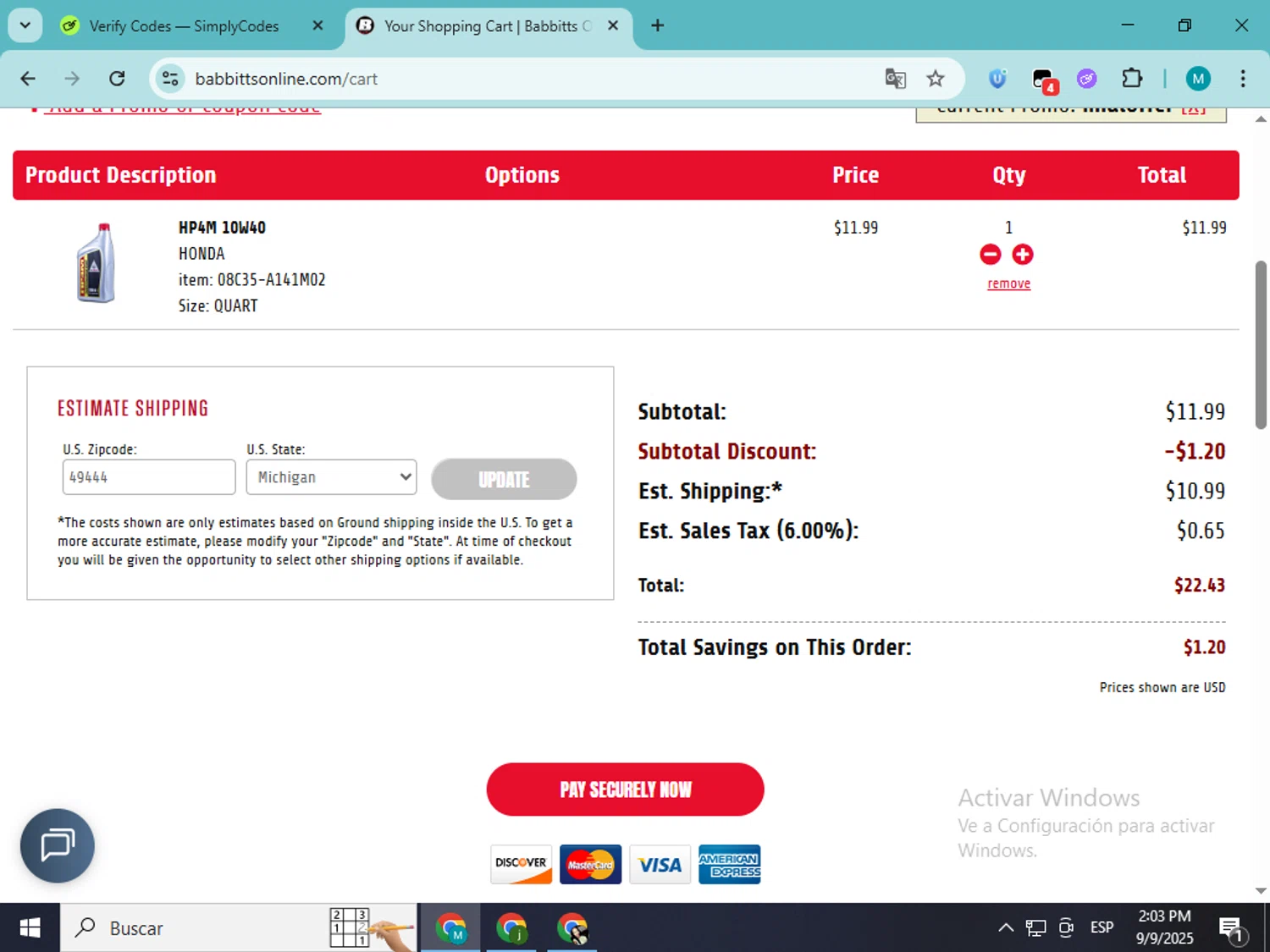 Babbitt's Online promo code screenshot showing code finaloffer applied at Babbitt's Online checkout page. Uploaded by SimplyCodes community member estrellaveloz on Sep 9, 2025