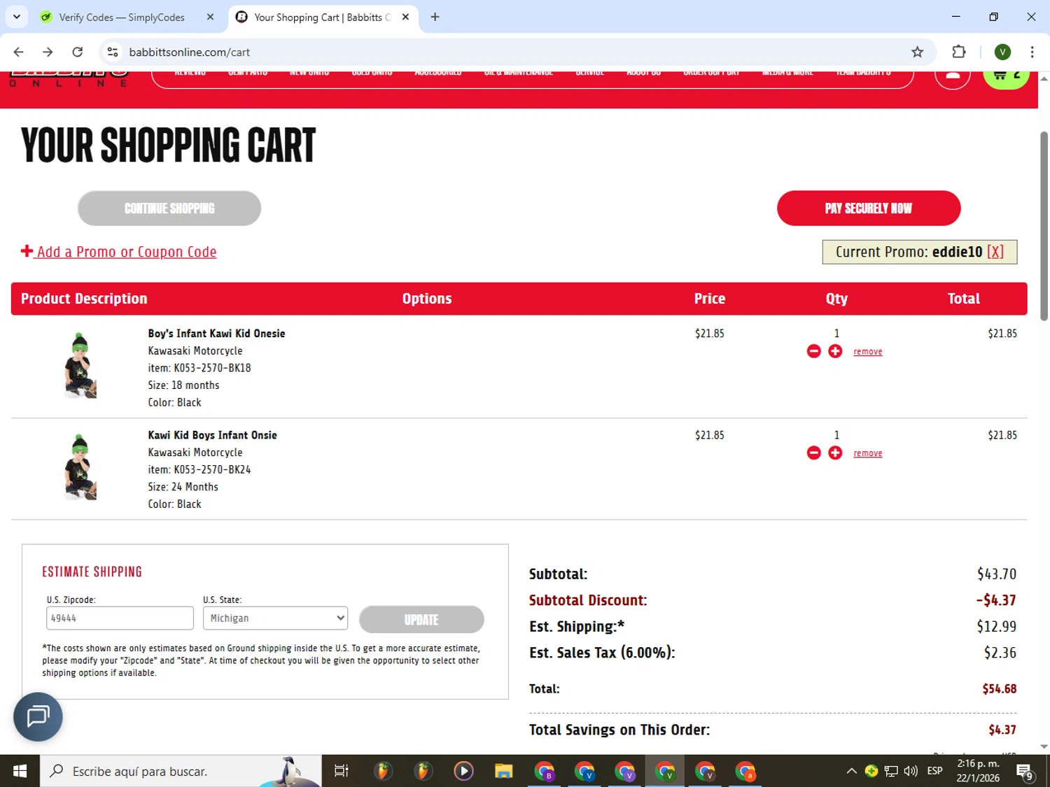 Babbitt's Online checkout page showing Babbitt's Online promo code box | Screenshot taken by SimplyCodes community member on Jan 22, 2026