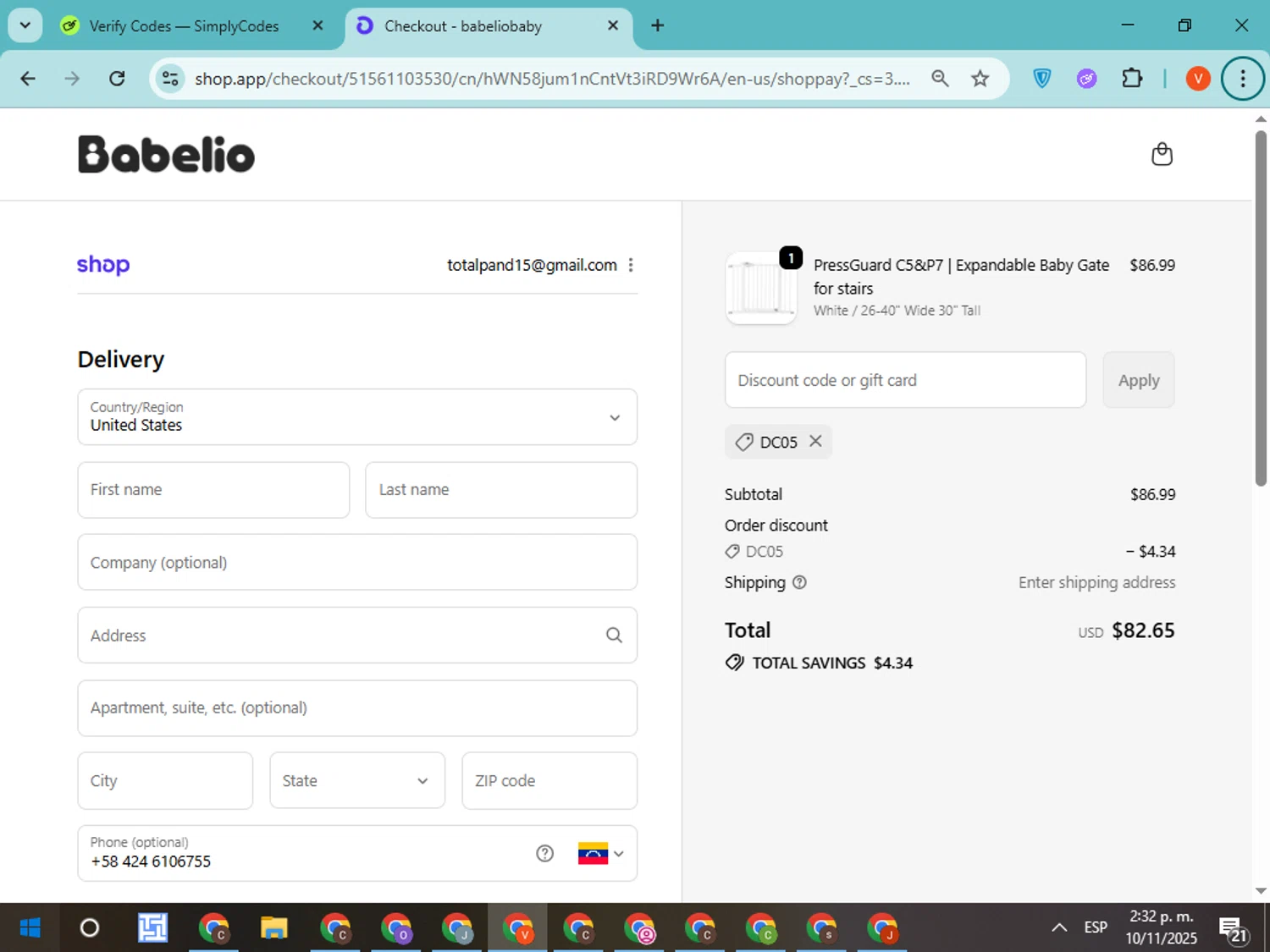 BabelioBaby promo code screenshot showing code DC05 applied at BabelioBaby checkout page. Uploaded by SimplyCodes community member CodeMonarch8148 on Nov 10, 2025