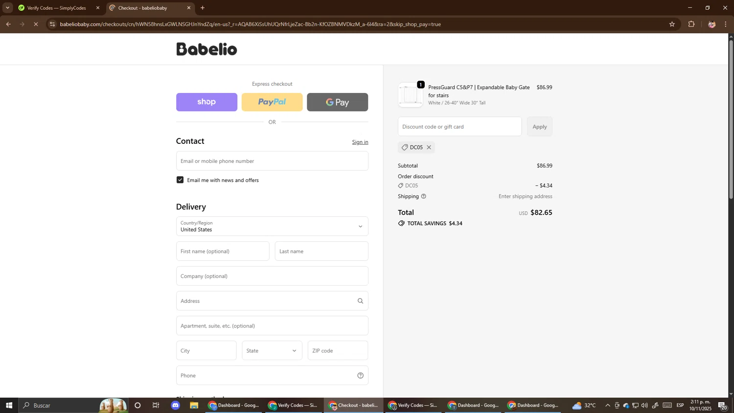 BabelioBaby promo code screenshot showing code DC05 applied at BabelioBaby checkout page. Uploaded by SimplyCodes community member El_mynor on Nov 10, 2025