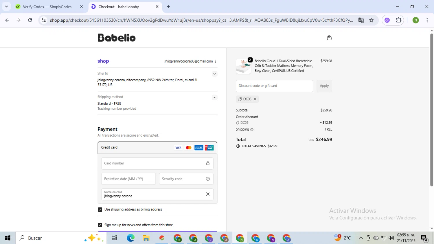 BabelioBaby promo code screenshot showing code DC05 applied at BabelioBaby checkout page. Uploaded by SimplyCodes community member TokenMaverick6956 on Nov 21, 2025