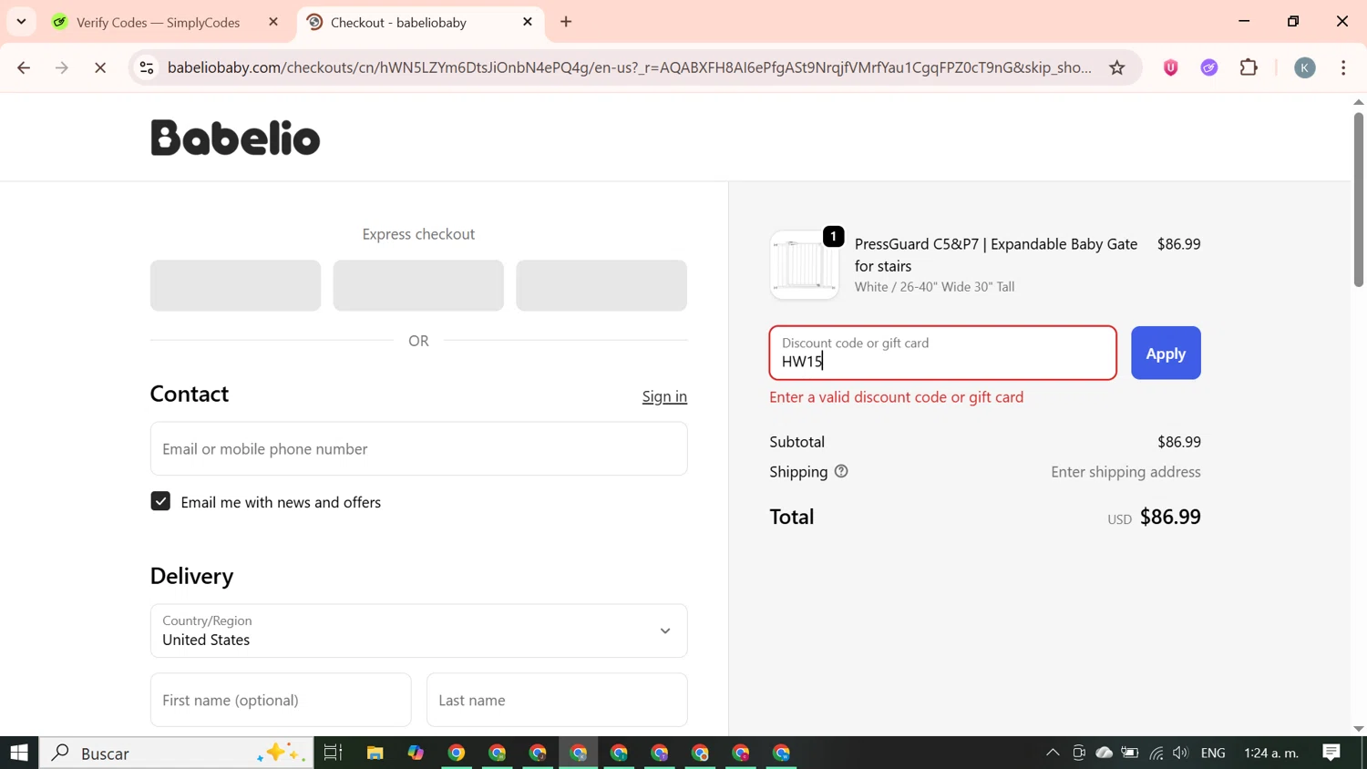BabelioBaby promo code screenshot showing code HW15 applied at BabelioBaby checkout page. Uploaded by SimplyCodes community member SavingsBoss9912 on Nov 16, 2025
