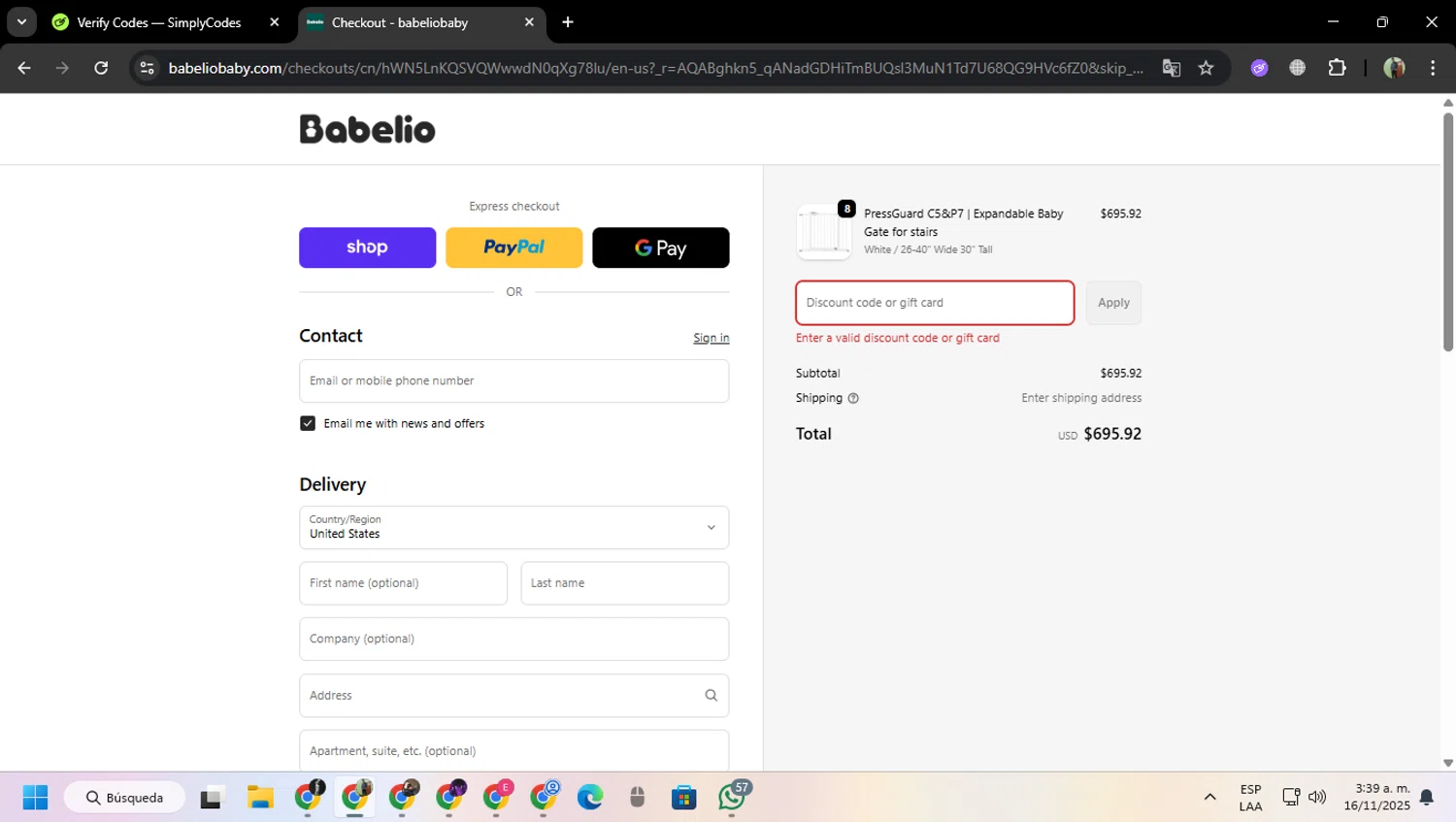 BabelioBaby promo code screenshot showing code HW20 applied at BabelioBaby checkout page. Uploaded by SimplyCodes community member MoneySentinel7597 on Nov 16, 2025