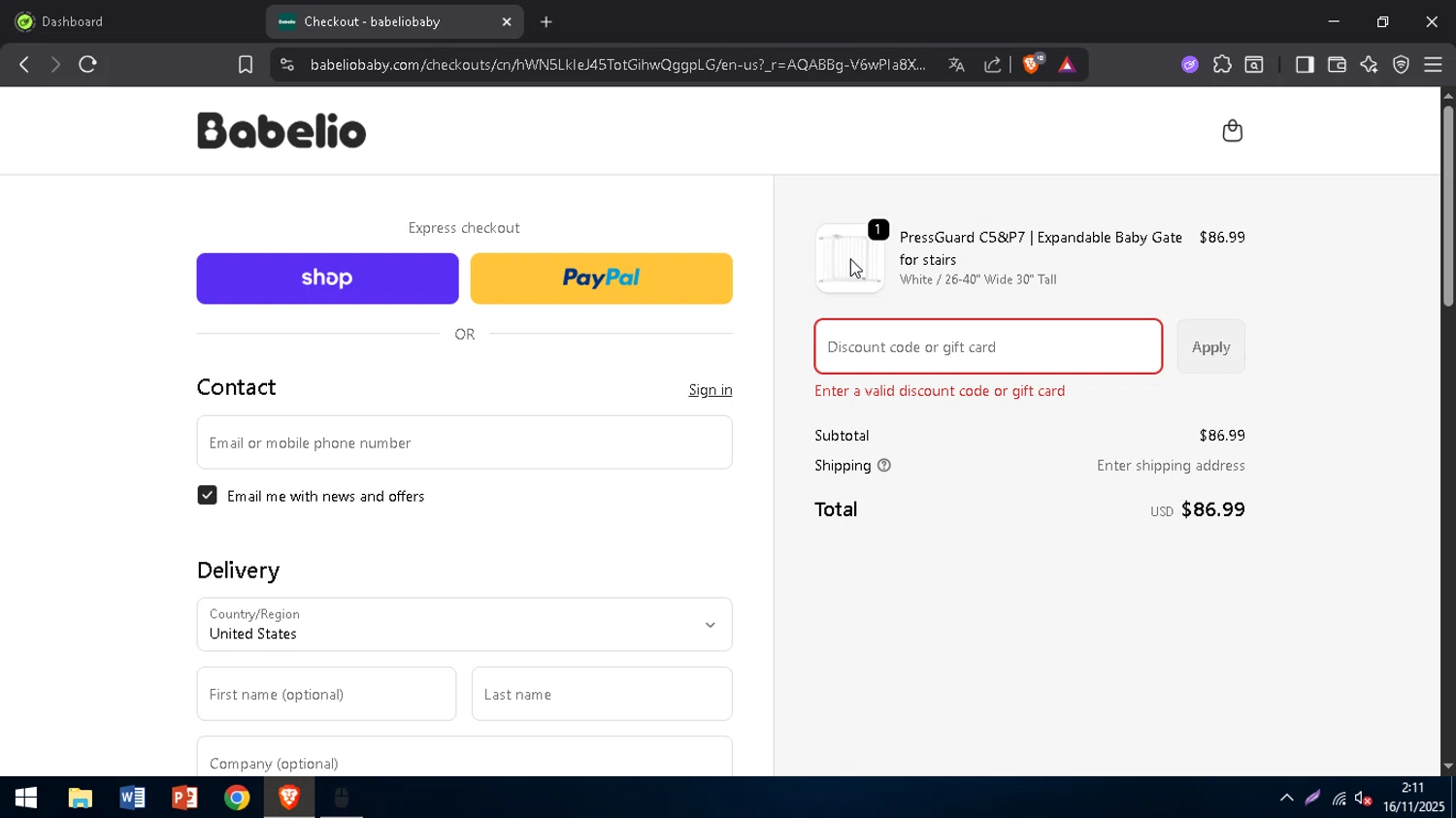 BabelioBaby promo code screenshot showing code HW20 applied at BabelioBaby checkout page. Uploaded by SimplyCodes community member Vivachavez on Nov 16, 2025
