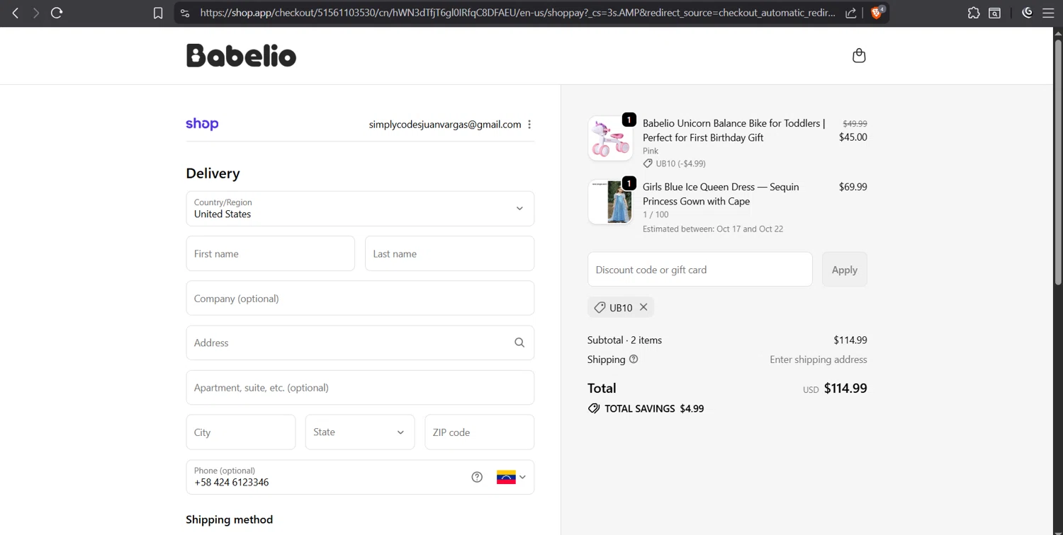 BabelioBaby promo code screenshot showing code UB10 applied at BabelioBaby checkout page. Uploaded by SimplyCodes community member juanvargas1 on Oct 2, 2025