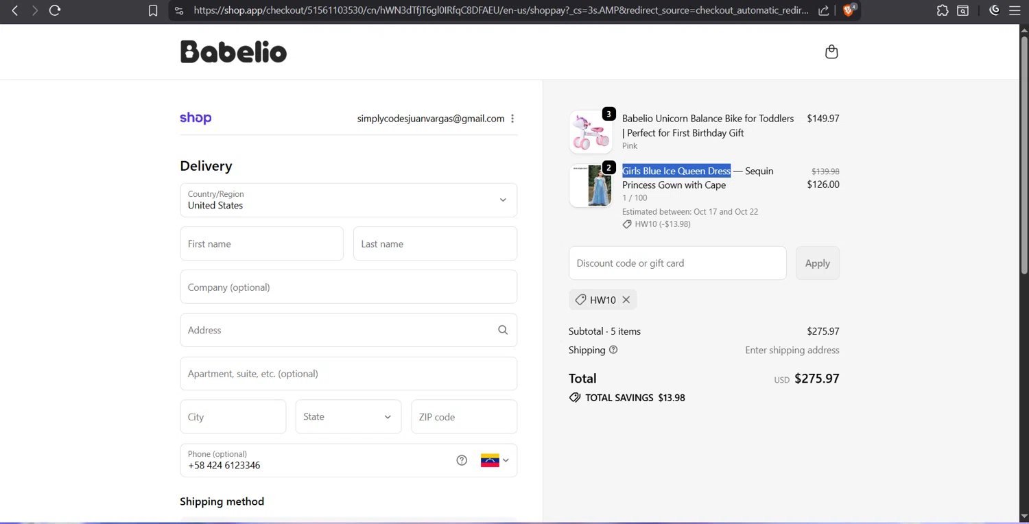 BabelioBaby promo code screenshot showing code HW10 applied at BabelioBaby checkout page. Uploaded by SimplyCodes community member juanvargas1 on Oct 2, 2025