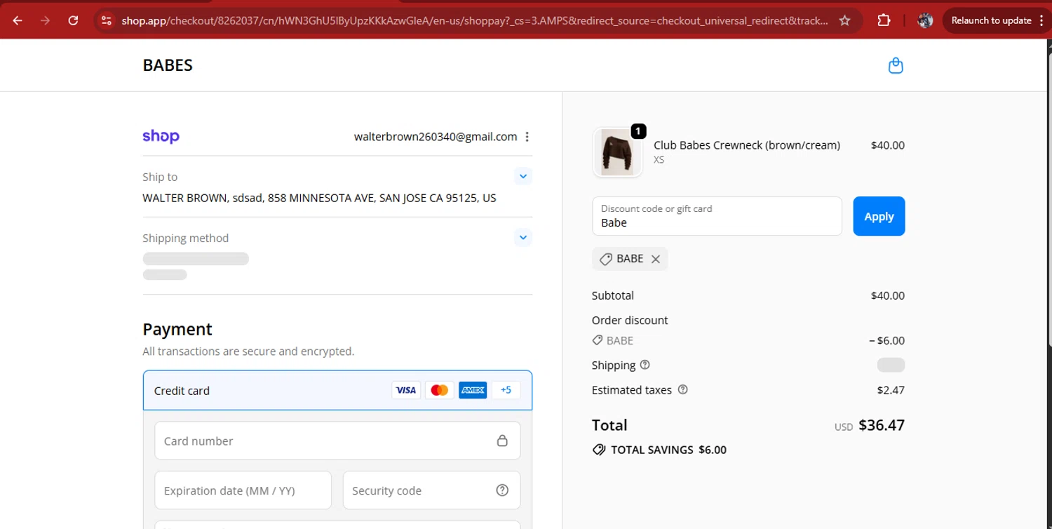 BABES promo code screenshot showing code Babe applied at BABES checkout page. Uploaded by SimplyCodes community member kimberlinmartinez on Sep 22, 2025