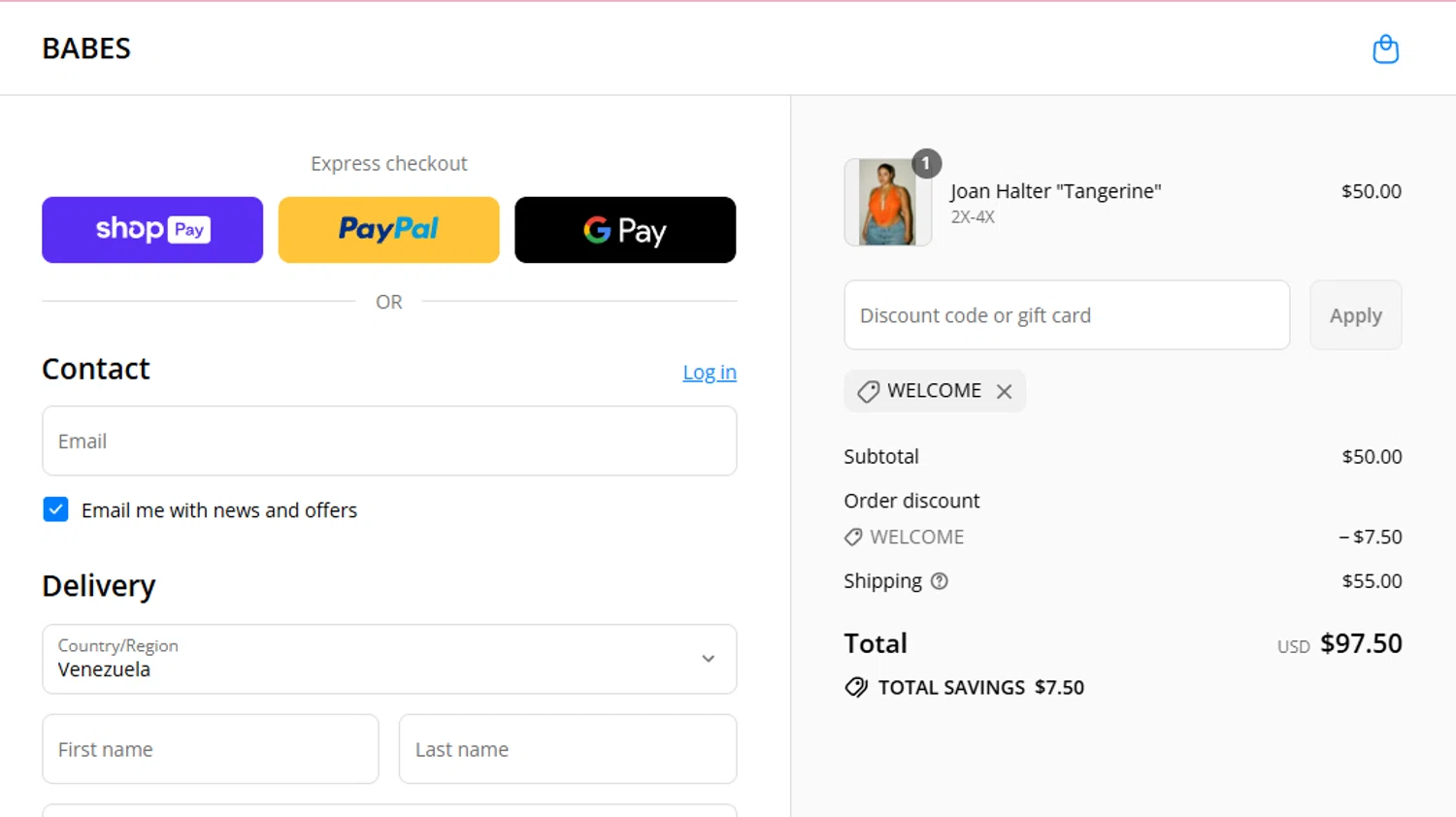 BABES promo code screenshot showing code WELCOME applied at BABES checkout page. Uploaded by SimplyCodes community member salemigajera on Aug 24, 2025
