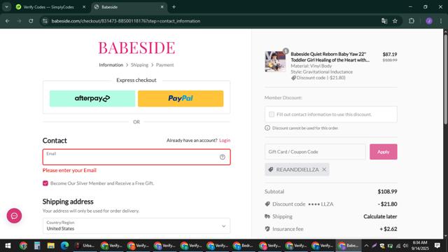 Babeside checkout page showing Babeside coupon code box | Screenshot taken by SimplyCodes community member on Sep 14, 2025