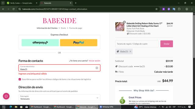 Babeside checkout page showing Babeside coupon code box | Screenshot taken by SimplyCodes community member on Aug 8, 2025