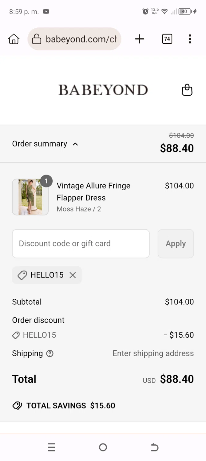 Babeyond discount code screenshot showing code hello15 applied at Babeyond checkout page. Uploaded by SimplyCodes community member BonusChaser4306 on Jun 18, 2025
