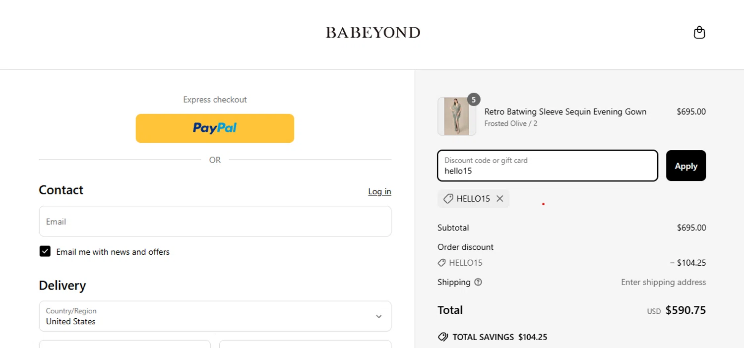 Babeyond discount code screenshot showing code hello15 applied at Babeyond checkout page. Uploaded by SimplyCodes community member CleverPhoenix2364 on May 2, 2025