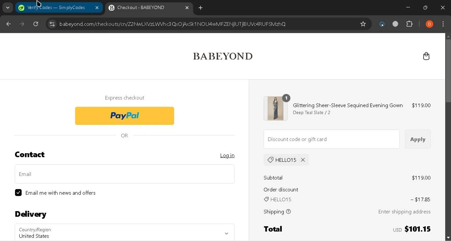 Babeyond discount code screenshot showing code hello15 applied at Babeyond checkout page. Uploaded by SimplyCodes community member gundogan on Feb 21, 2025