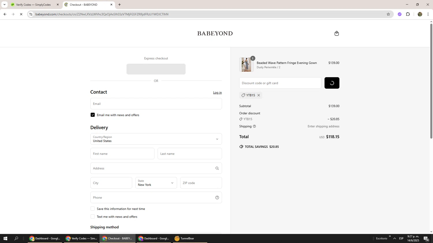Babeyond discount code screenshot showing code YTB15 applied at Babeyond checkout page. Uploaded by SimplyCodes community member Phoenix585 on Jun 15, 2025
